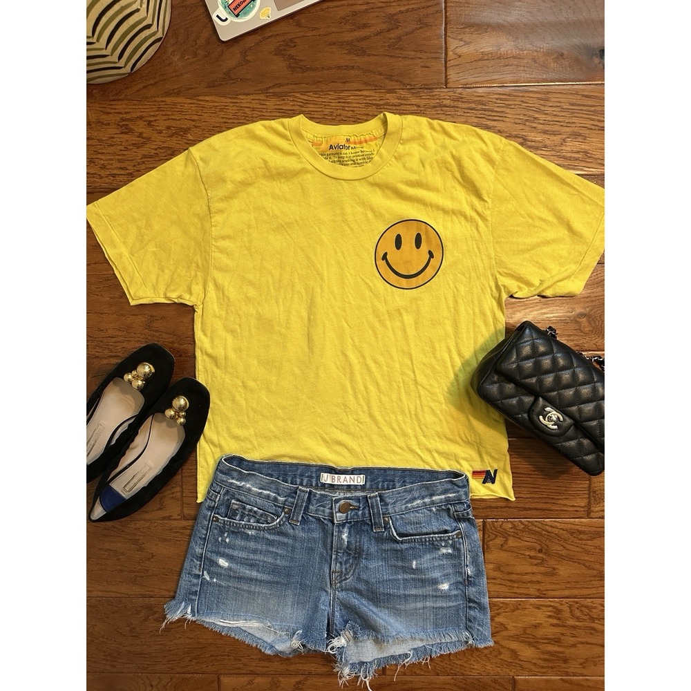 Aviator Nation Womens Smiley 2 Boyfriend Tee Lemon Yellow Graphic T Shirt M